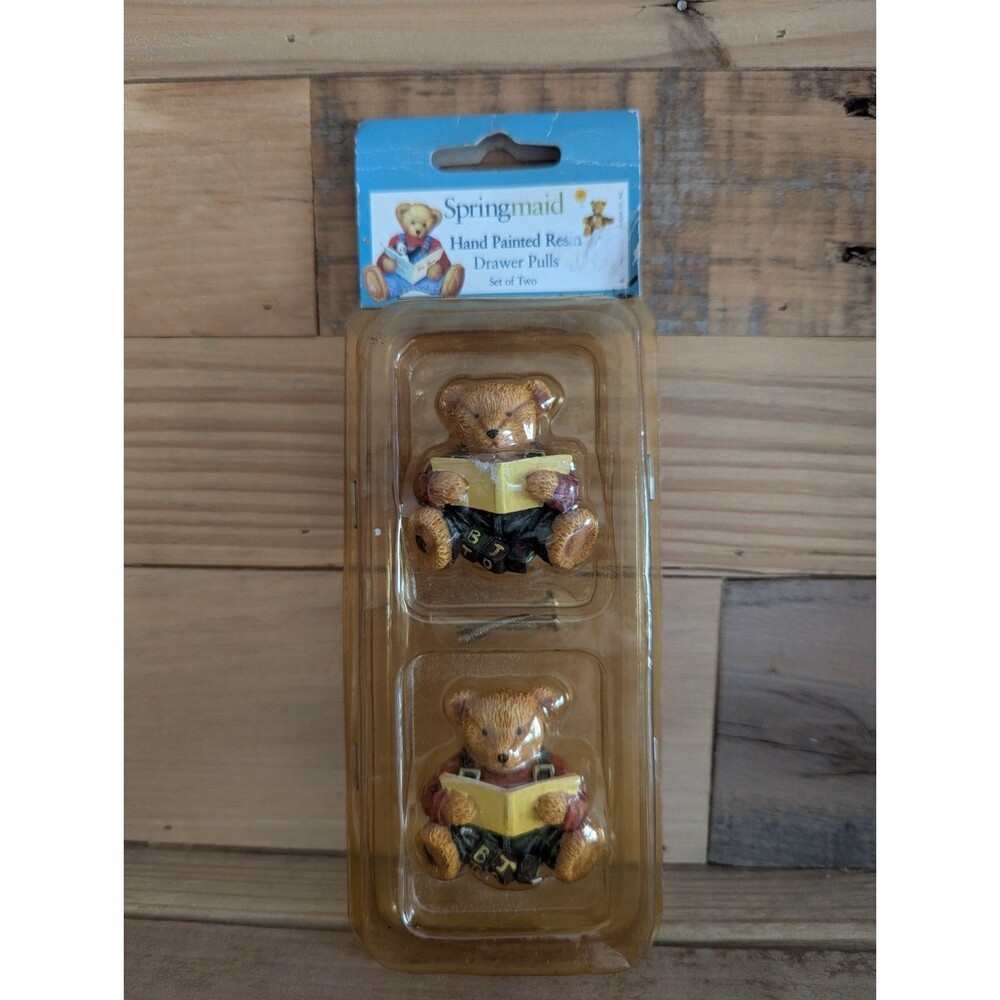 Vintage Daisy Kingdom Hand Painted Resin Blue Jean Teddy Bear Drawer Pulls Set 2
